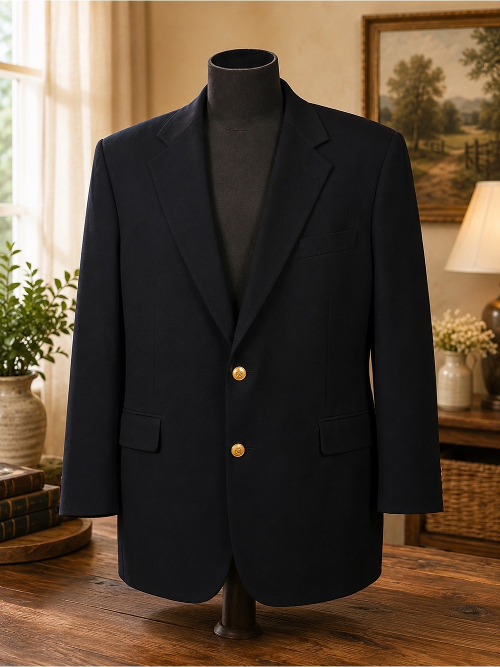 Brooks Stretch Black Wool Gold Button Blazer 44R (SJ3)
